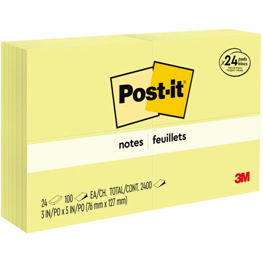 Post-it&reg, Notes Value Pack - 100 - 3" Flag/Note Width x 5" Flag/Note Length - Rectangle - Unruled - Canary - Self-adhesive - 24 / Pack