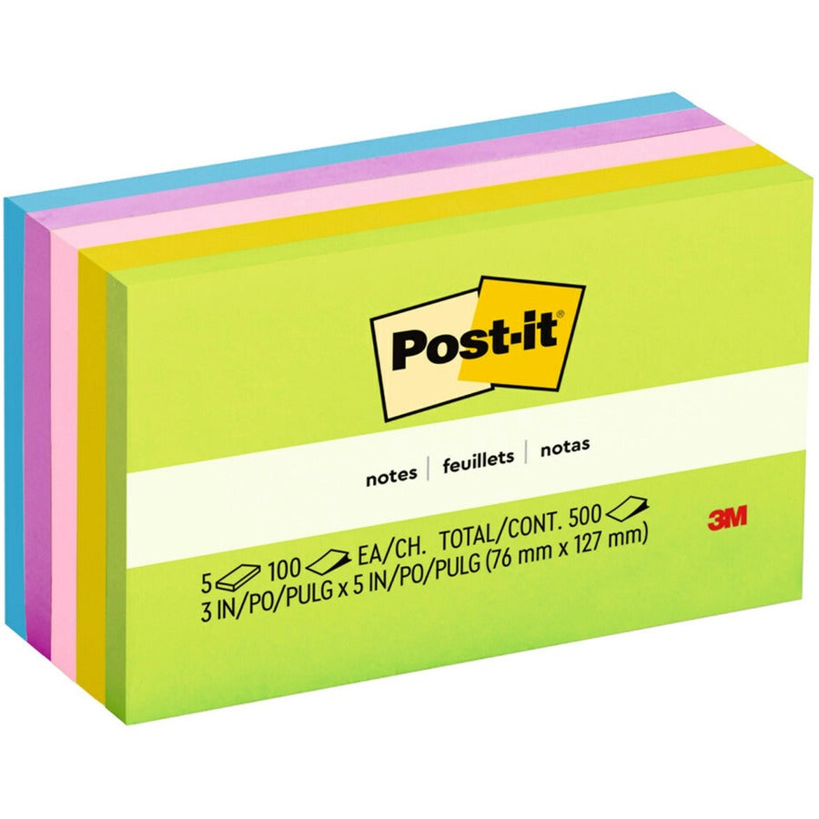 Post-it&reg, Notes Original Notepads - Floral Fantasy Color Collection - 500 - 3" Flag/Note Width x 5" Flag/Note Length - Rectangle - 100 Sheets per Pad - Unruled - Limeade, Citron, Positively Pink, Iris Infusion, Blue Paradise - Paper - Self-adhesive...
