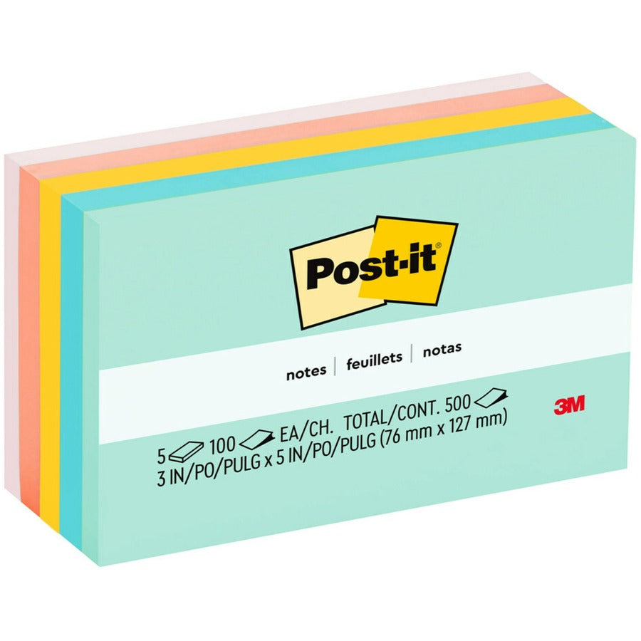 Post-it&reg, Notes - Beachside Caf&eacute, Color Collection - 500 - 3" Flag/Note Width x 5" Flag/Note Length - Rectangle - 100 Sheets per Pad - Unruled - Fresh Mint, Aqua Splash, Pink, Papaya Fizz, Pink Salt - Paper - Self-adhesive, Repositionable - 1...