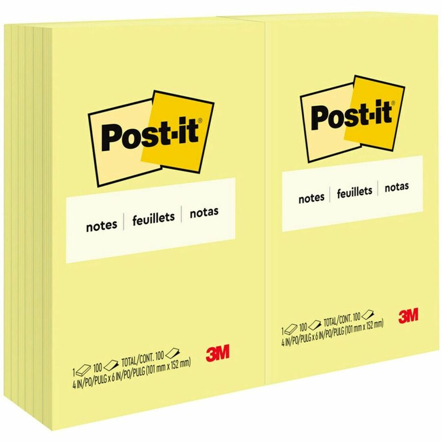 Post-it&reg, Notes Original Notepads - 4" Flag/Note Width x 6" Flag/Note Length - Rectangle - 100 Sheets per Pad - Unruled - Canary Yellow - Paper - Self-adhesive, Repositionable - 12 / Pack