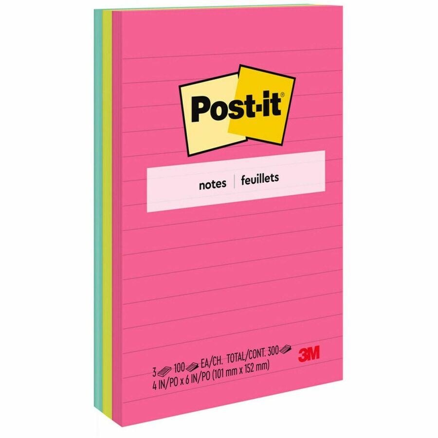 Post-it&reg, Lined Notes - Poptimistic Color Collection - 300 - 4" Flag/Note Width x 6" Flag/Note Length - Rectangle - 100 Sheets per Pad - Ruled - Power Pink, Neon Green, Aqua - Paper - Self-adhesive, Repositionable - 1 Pack