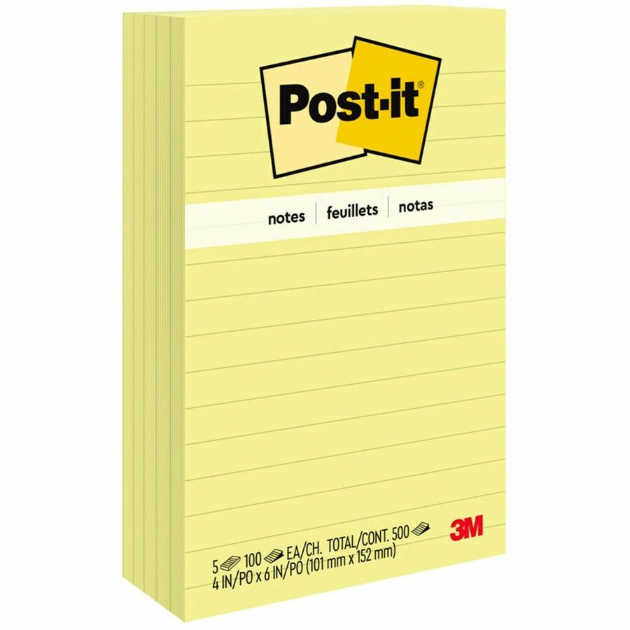 Post-it&reg, Lined Notes - 500 - 4" Flag/Note Width x 6" Flag/Note Length - Rectangle - 100 Sheets per Pad - Ruled - Yellow - Paper - Self-adhesive, Repositionable - 1 Pack