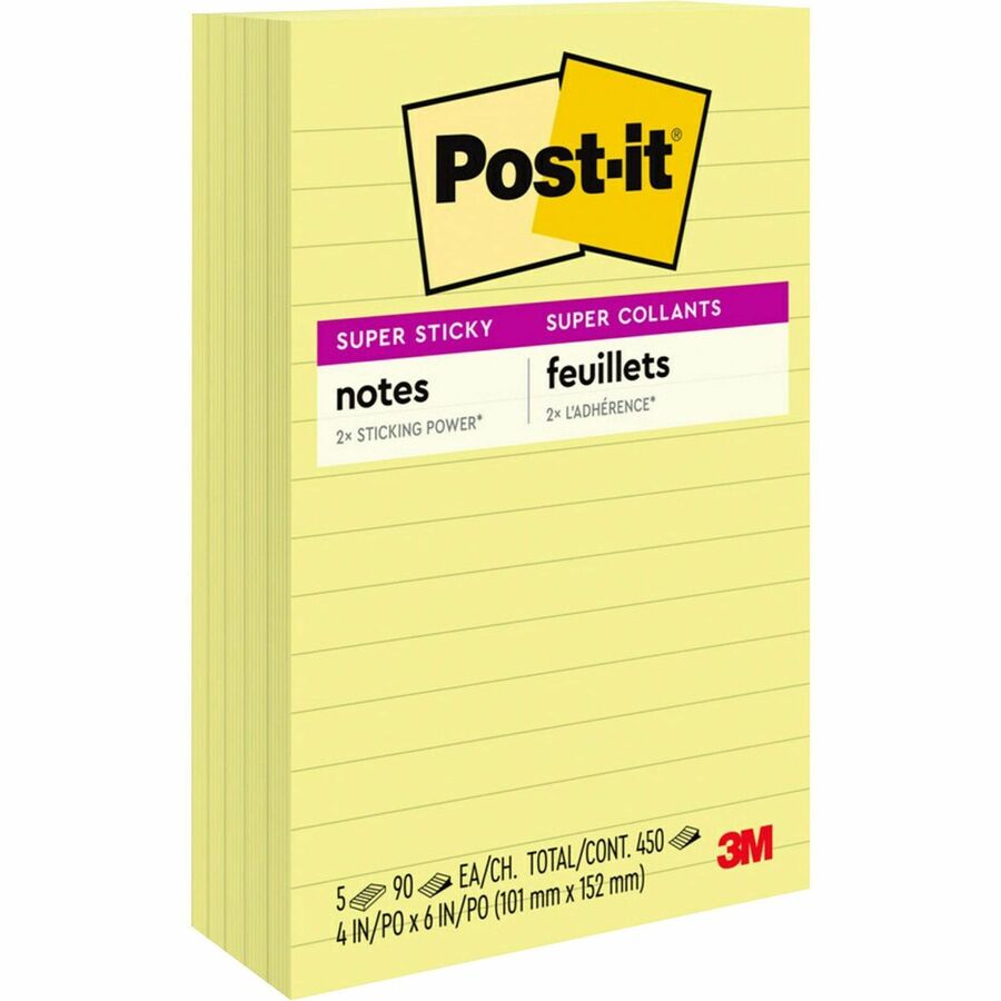 Post-it&reg, Super Sticky Lined Notes - 450 - 4" Flag/Note Width x 6" Flag/Note Length - Rectangle - 90 Sheets per Pad - Ruled - Canary Yellow - Paper - Self-adhesive - 5 / Pack