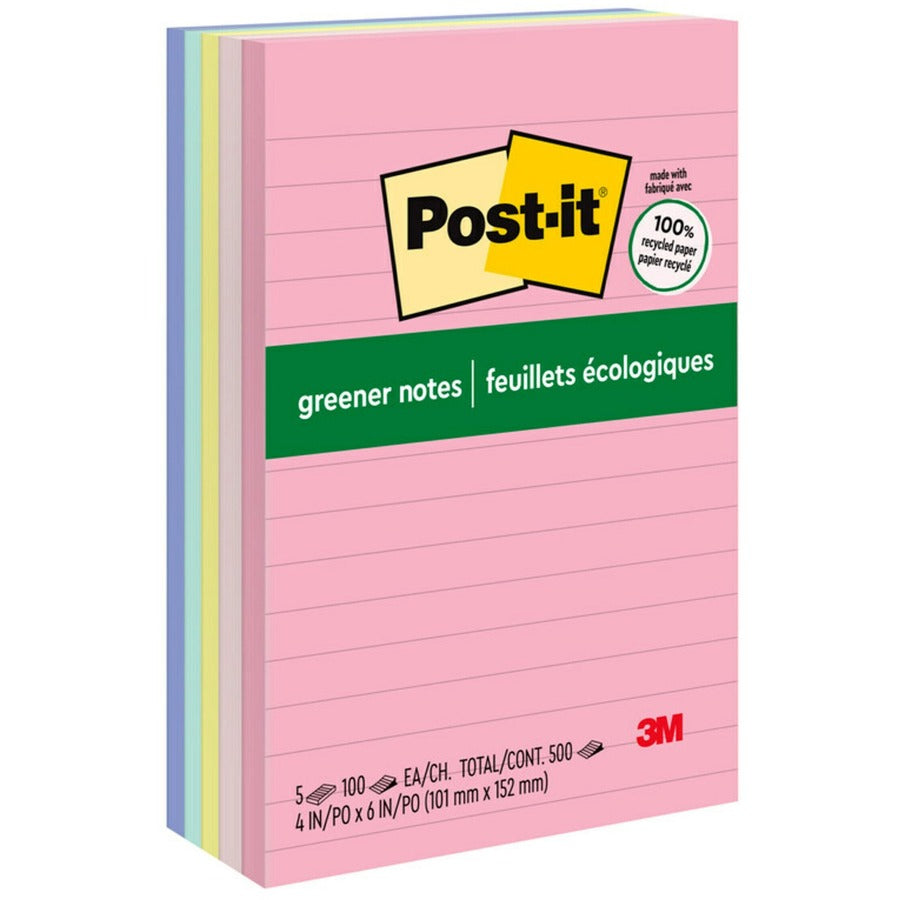 Post-it&reg, Greener Lined Notes - Sweet Sprinkles Color Collection - 500 x Assorted - 4" Flag/Note Width x 6" Flag/Note Length - Rectangle - 100 Sheets per Pad - Ruled - Positively Pink, Canary Yellow, Fresh Mint, Moonstone - Paper - Self-adhesive, Re...