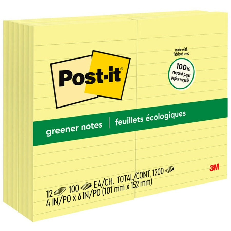 Post-it&reg, Greener Notes - 1200 - 4" Flag/Note Width x 6" Flag/Note Length - Rectangle - 100 Sheets per Pad - Ruled - Canary Yellow - Paper - Self-adhesive, Repositionable - Recycled - 1 Pack