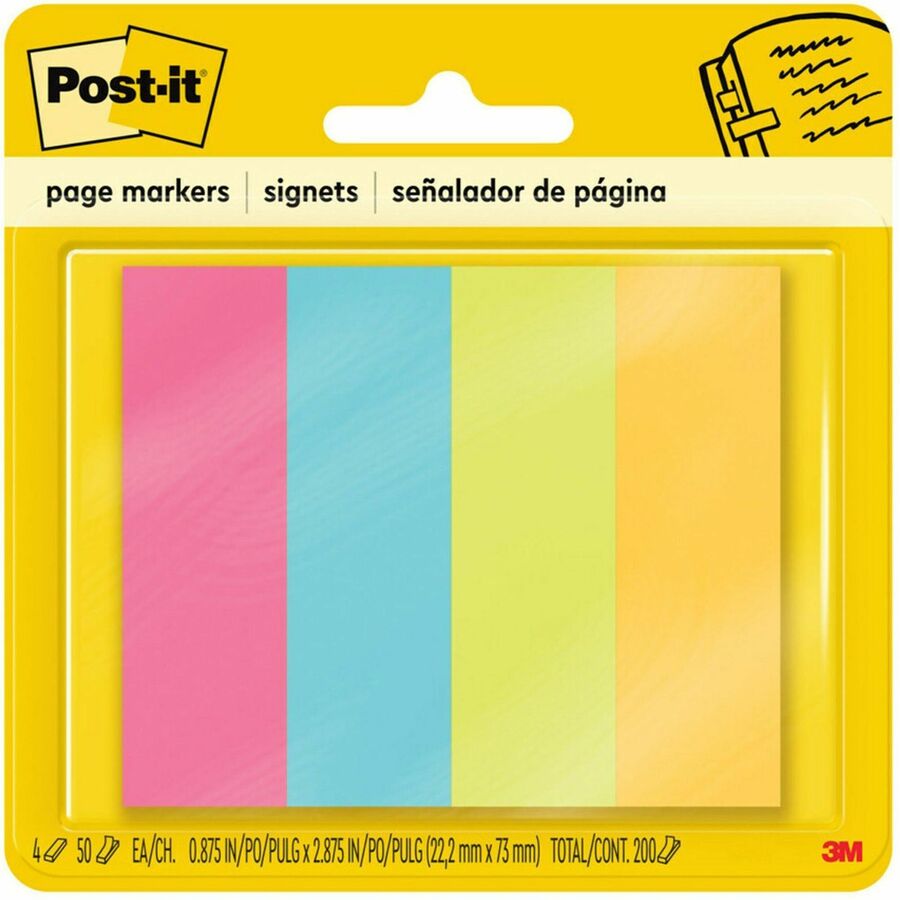 Post-it&reg, Page Markers - 1" Flag/Note Width x 3" Flag/Note Length - Rectangle - Assorted - Removable, Self-adhesive - 1 Pack