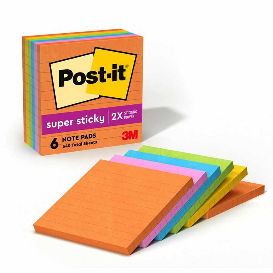 Post-it&reg, Super Sticky Lined Notes - Energy Boost Color Collection - 540 - 4" Flag/Note Width x 4" Flag/Note Length - Square - 90 Sheets per Pad - Ruled - Vital Orange, Tropical Pink, Blue Paradise, Limeade, Sunnyside - Paper - Self-adhesive - 6 / Pack