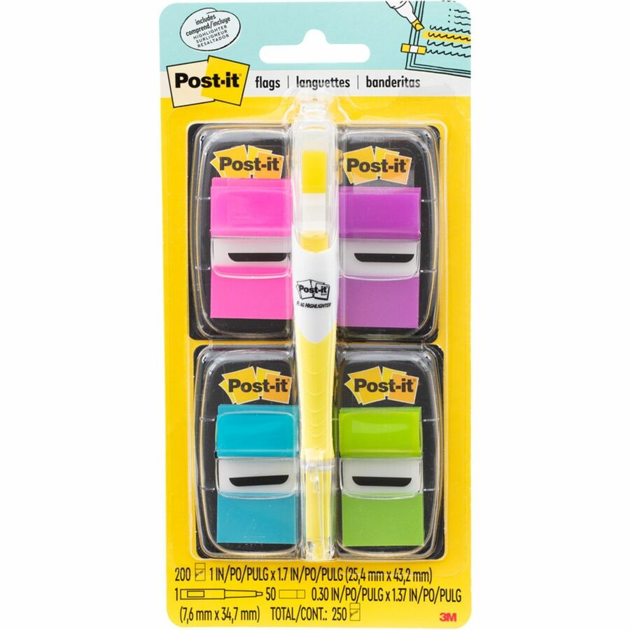 Post-it&reg, Flags Value Pack - 200 - 1" Flag/Note Width x 1 3/4" Flag/Note Length - Rectangle, Arrow - Unruled - Aqua, Yellow, Green, Purple, Pink, Blue - Self-adhesive, Removable - Dispenser Included - 200 / Pack