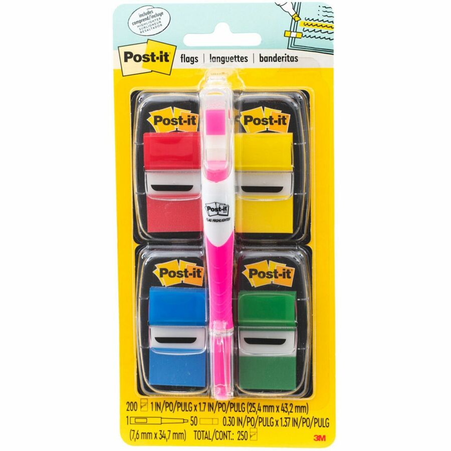 Post-it&reg, Flags Value Pack - 200 - 1" Flag/Note Width x 1 3/4" Flag/Note Length - Rectangle - Unruled - Red, Green, Yellow, Blue, Assorted - Self-adhesive, Removable - Dispenser Included - 250 / Pack