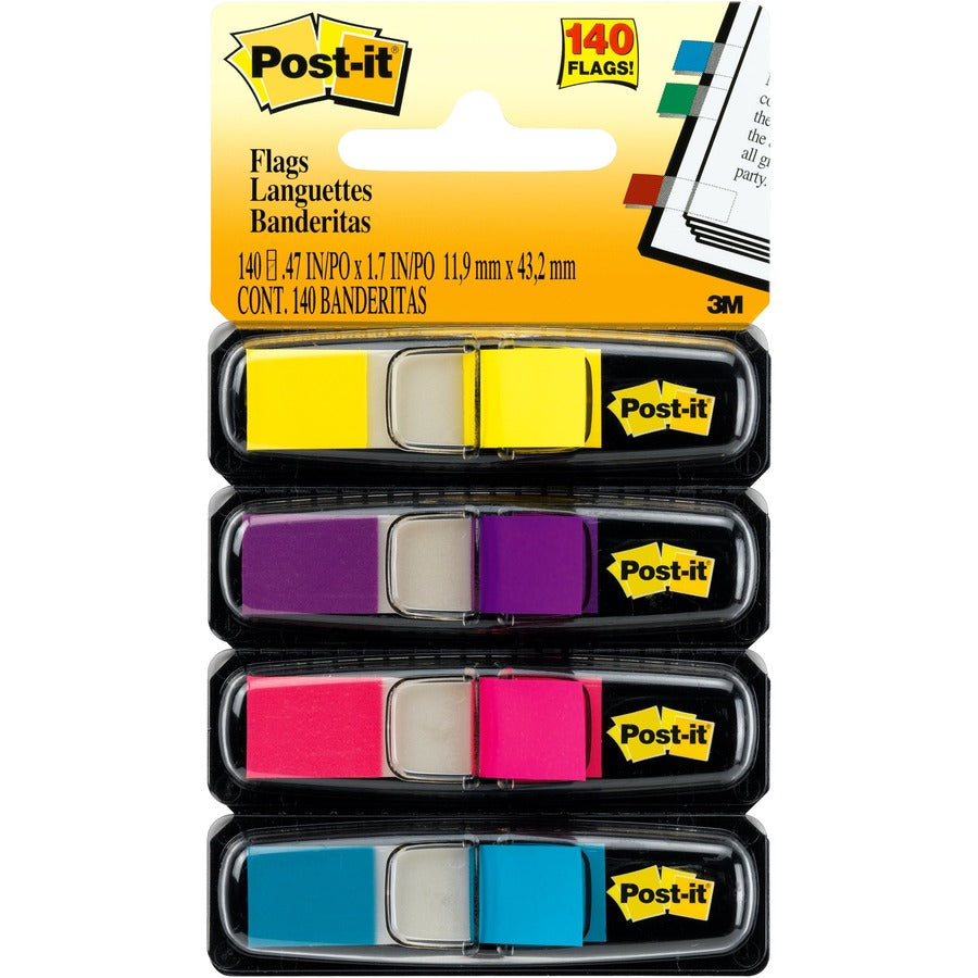 Post-it&reg, Flags - 35 x Bright Blue, 35 x Bright Pink, 35 x Bright Purple, 35 x Bright Yellow - 1/2" Flag/Note Width x 1 3/4" Flag/Note Length - Rectangle - Unruled - Yellow, Purple, Blue, Pink, Aqua - Self-adhesive, Removable, Residue-free, Repositi...