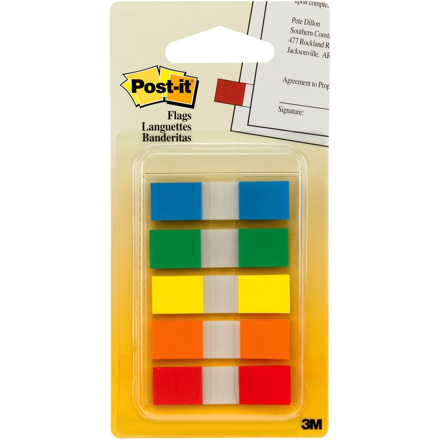 Post-it&reg, Flags in Portable Dispenser - 20 x Blue, 20 x Green, 20 x Orange, 20 x Red, 20 x Yellow - 1/2" Flag/Note Width x 1 3/4" Flag/Note Length - Rectangle - Unruled - Blue, Red, Orange, Green, Yellow, Assorted - Removable, Self-adhesive - Dispen...