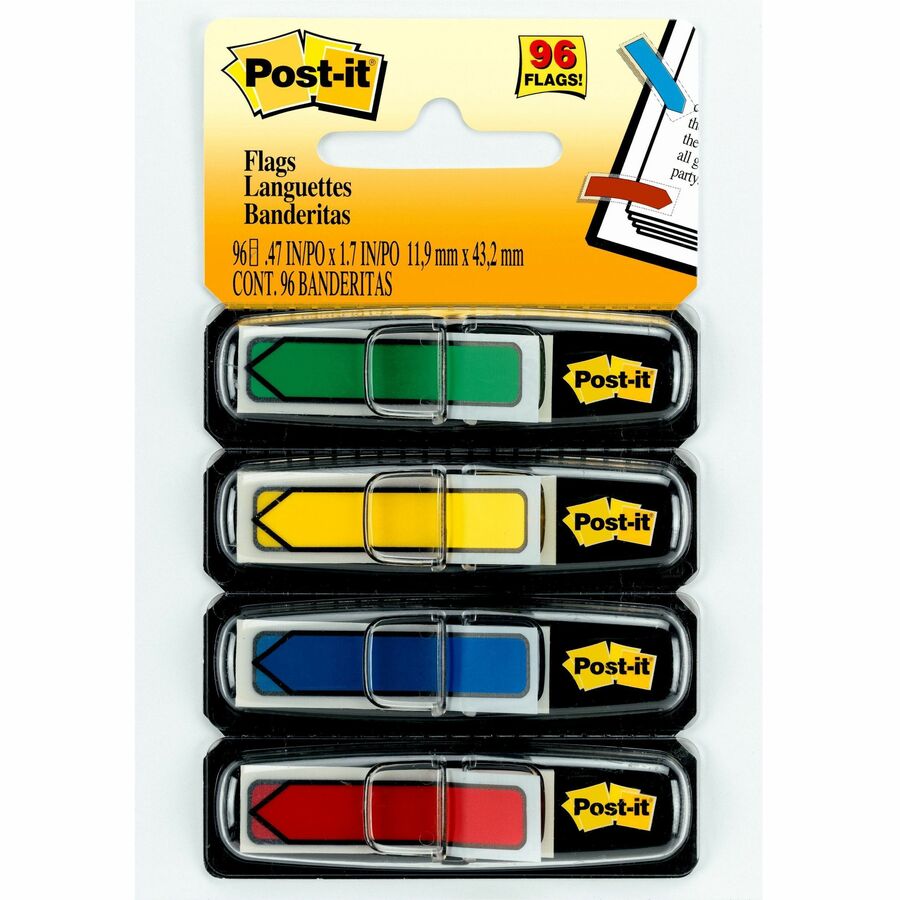 Post-it&reg, Arrow Flags - 24 x Red, 24 x Green, 24 x Yellow, 24 x Blue - 1/2" Flag/Note Width x 1 3/4" Flag/Note Length - Arrow, Rectangle - Unruled - Green, Yellow, Red, Blue, Assorted - Removable, Self-adhesive, Repositionable - Dispenser Included...
