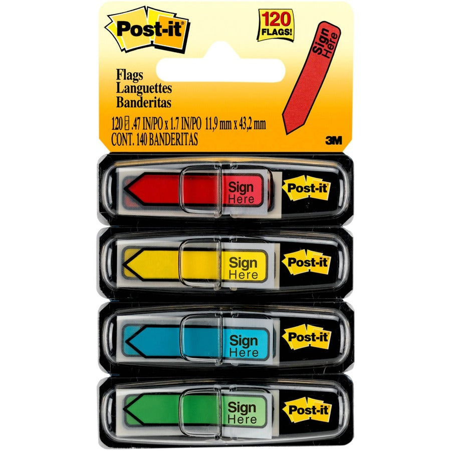 Post-it&reg, Message Flags - 30 x Yellow, 30 x Blue, 30 x Red, 30 x Green - 1/2" Flag/Note Width x 1 3/4" Flag/Note Length - Rectangle, Arrow - Unruled - SIGN HERE - Blue, Red, Green, Yellow, Assorted - Removable, Self-adhesive - Dispenser Included - 1...