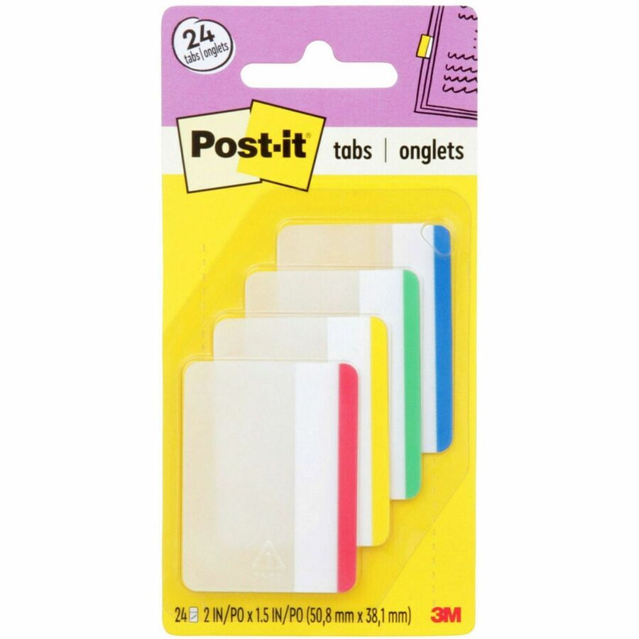 Post-it&reg, Durable Tabs - Write-on Tab(s) - 1.50" Tab Height x 2" Tab Width - Removable - Blue, Red, Green, Yellow Tab(s) - Insertable, Durable, Repositionable, Flexible, Writable, Wear Resistant, Tear Resistant, Reusable - 24 / Pack
