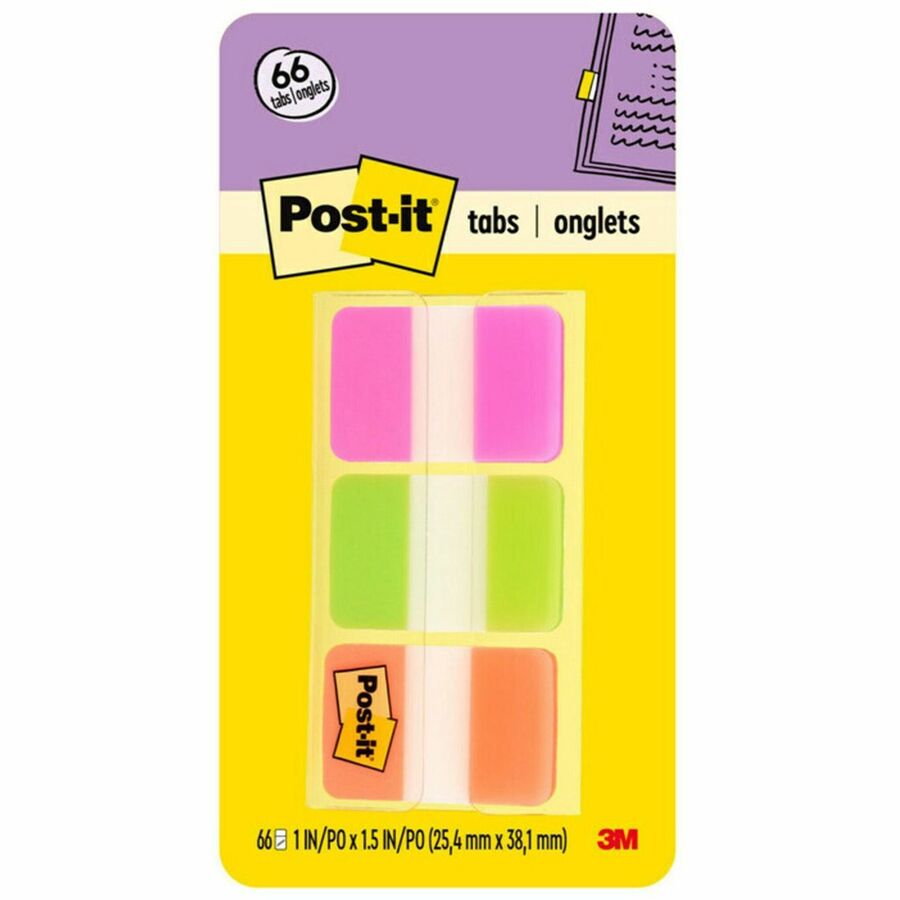 Post-it&reg, Durable Tabs - 1.50" Tab Height x 1" Tab Width - Removable - Pink, Purple, Orange, Semi-transparent Tab(s) - Wear Resistant, Tear Resistant, Durable, Repositionable, Writable, Reusable - 66 / Pack
