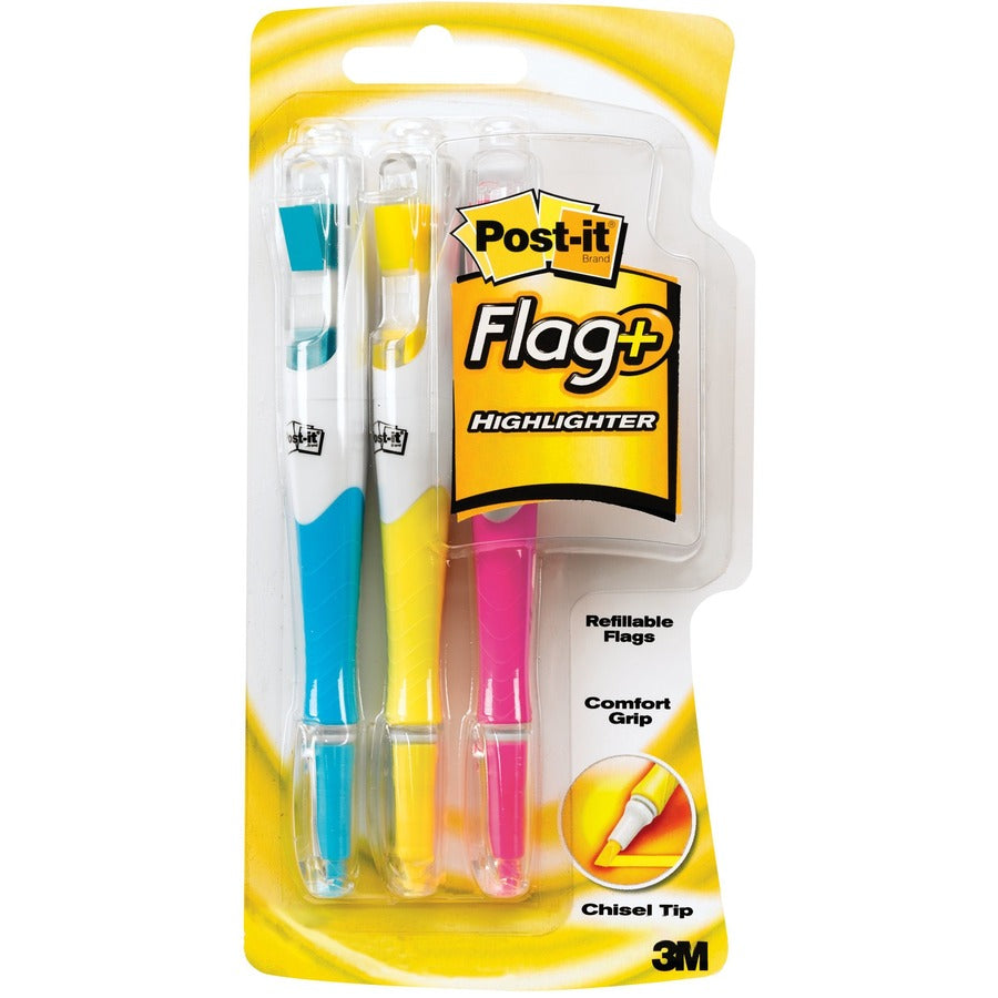 Post-it&reg, Flag+ Highlighter - Yellow, Pink, Blue Ink - Yellow, Pink, Blue Barrel - 3 / Pack