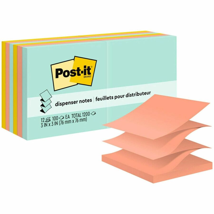 Post-it&reg, Dispenser Notes - 1200 - 3" Flag/Note Width x 3" Flag/Note Length - Square - 100 Sheets per Pad - Unruled - Fresh Mint, Aqua Splash, Sunnyside, Papaya Fizz, Guava - Paper - Pop-up, Self-adhesive, Repositionable - 1 Pack
