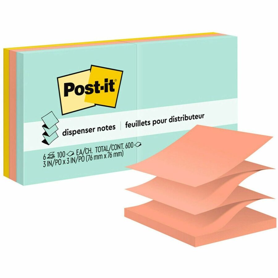 Post-it&reg, Dispenser Notes - 600 - 3" Flag/Note Width x 3" Flag/Note Length - Square - 100 Sheets per Pad - Unruled - Green, Pink, Yellow - Paper - Pop-up, Self-adhesive, Repositionable - 6 / Pack