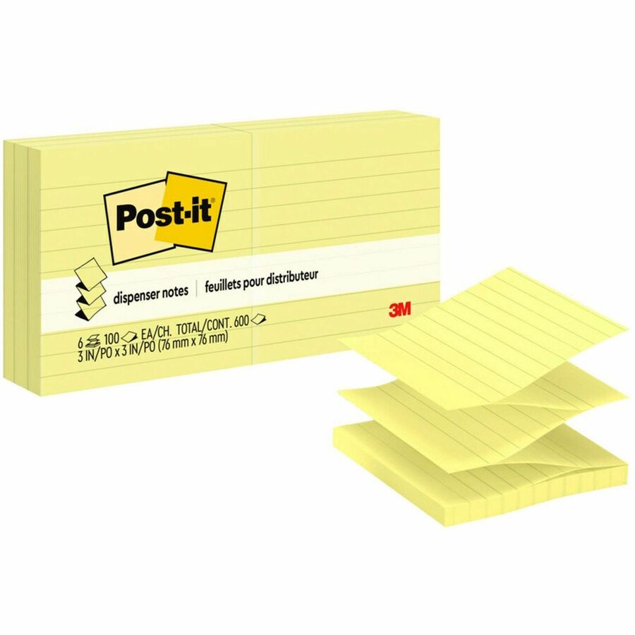 Post-it&reg, Dispenser Notes - 600 - 3" Flag/Note Width x 3" Flag/Note Length - Square - 100 Sheets per Pad - Ruled - Yellow - Paper - Pop-up, Fanfold, Refillable - 6 / Pack