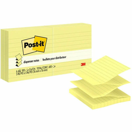 Post-it, Dispenser Notes - 600 - 3" Flag/Note Width x 3" Flag/Note Length - Square - 100 Sheets per Pad - Ruled - Yellow - Paper - Pop-up, Fanfold, Refillable - 6 / Pack