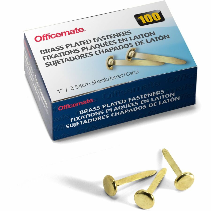 Officemate Round Head Fasteners - 1" Shank - 0.37" Head - Brass - 100 / Box