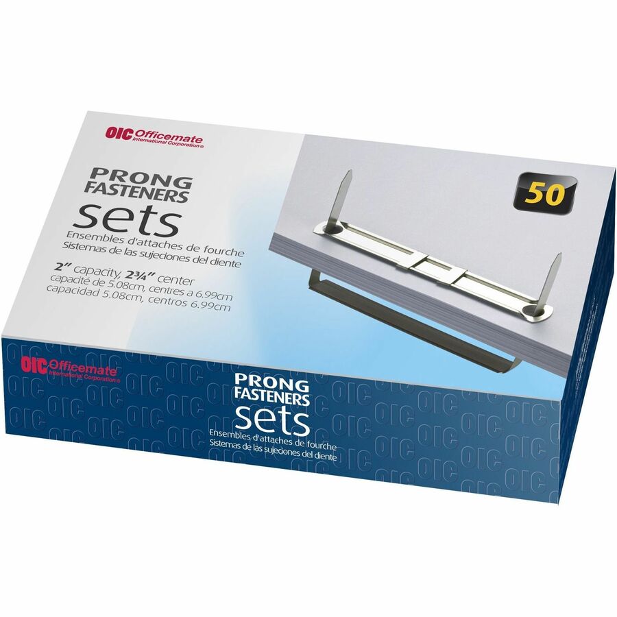 Officemate Prong Fasteners - Standard - 2.8" Length - 2" Size Capacity - Silver - Steel - 50 / Box