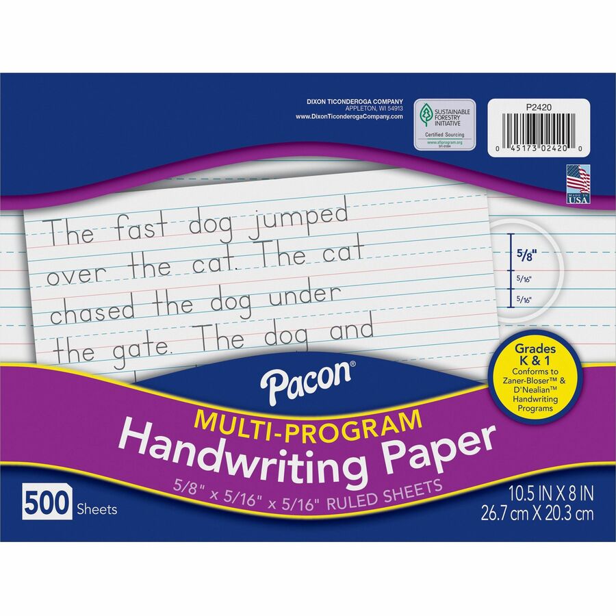Pacon Multi-Program Handwriting Papers - 500 Sheets - 0.63" Ruled - Unruled Margin - 10 1/2" x 8" Sheet Size - White Paper - 1 Ream