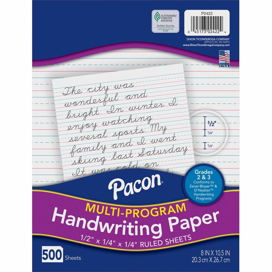 Pacon Multi-Program Handwriting Papers - 500 Sheets - 0.50" Ruled - Unruled Margin - 8" x 10 1/2" Sheet Size - White Paper - Hard Cover - 1 Ream