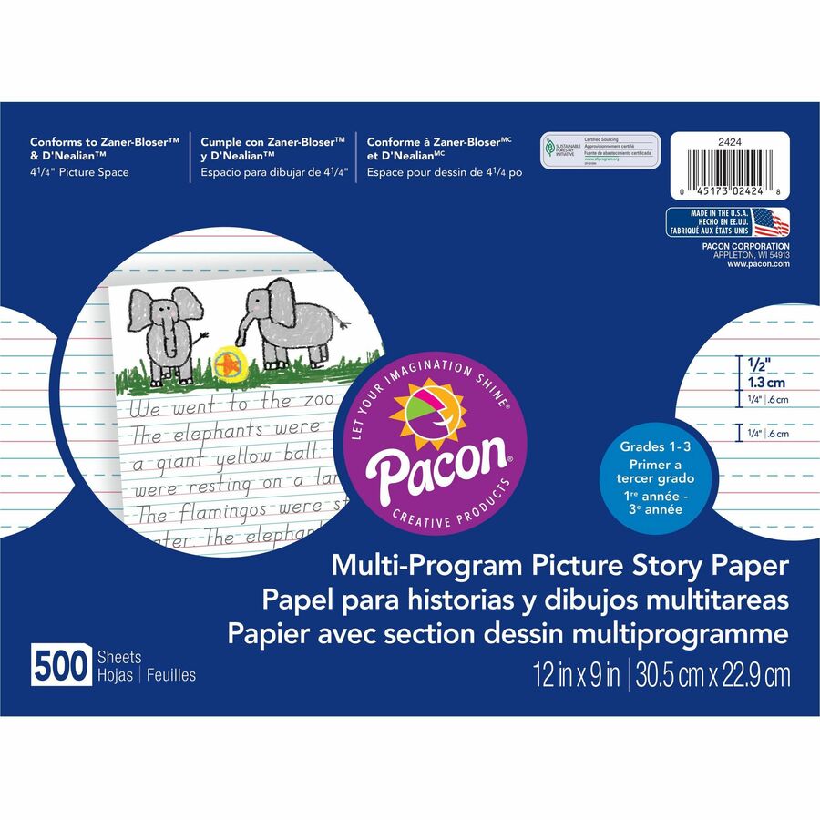 Pacon Multi-program Picture Story Paper - 0.50" Ruled - 4.25" Picture Story Space - Unruled Margin - 12" x 9" Sheet Size - Assorted Chipboard Cover - Hard Cover - 1 Ream