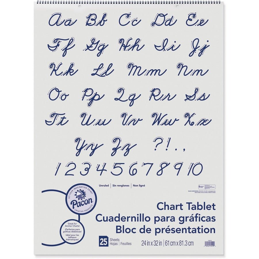 Pacon Unruled Chart Tablet - 25 Sheets - Plain - Spiral Bound - Unruled Front Ruling - 24" x 32" Sheet Size - White Paper - Stiff Cover - Sturdy Back, Recyclable - 1 Each