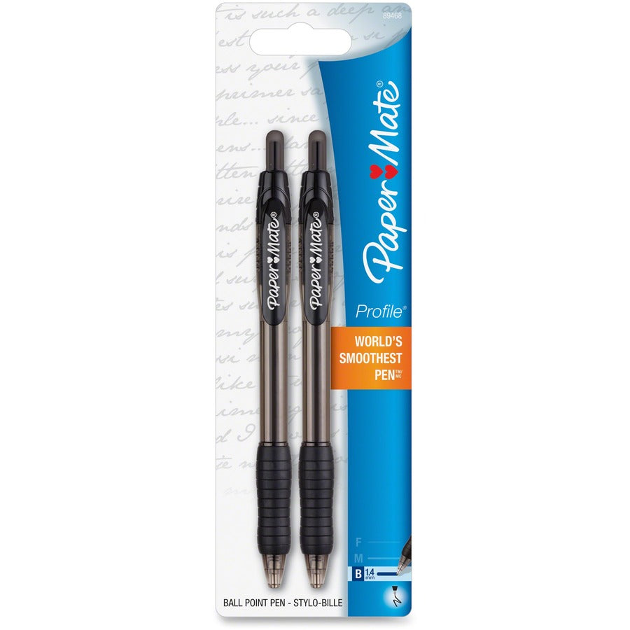 Paper Mate Retractable Profile Ballpoint Pens - Refillable - Retractable - Black Ink - Black Barrel - 2 / Pack
