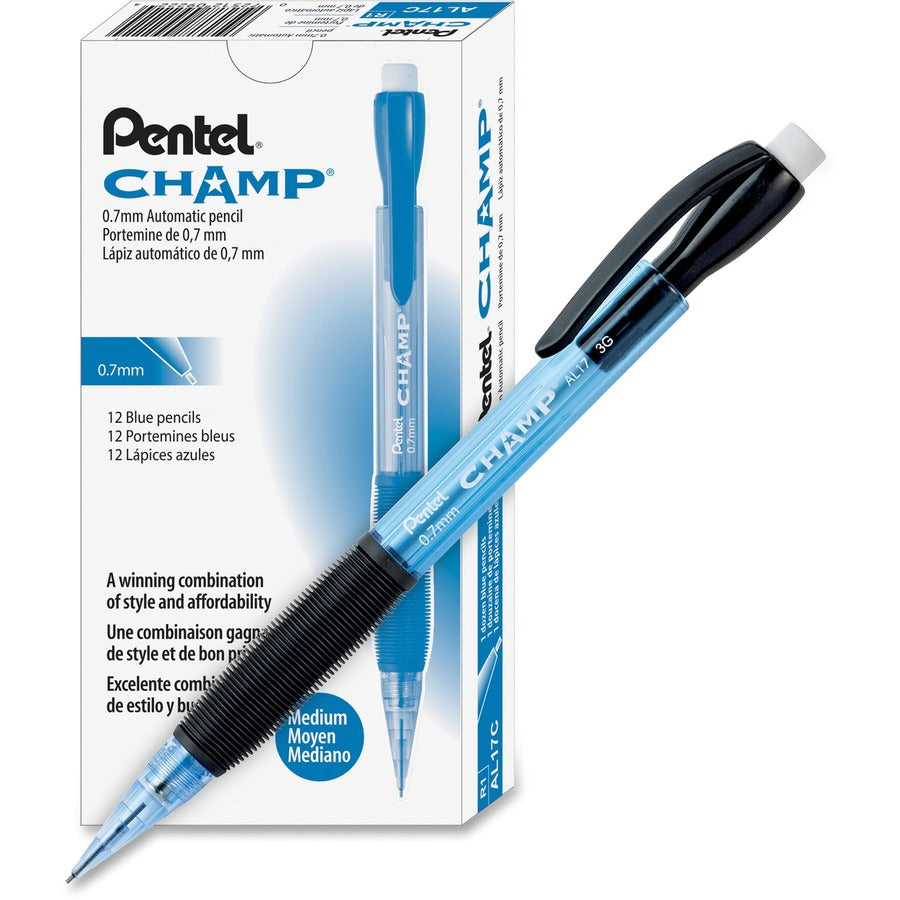 Pentel Champ Mechanical Pencils - 0.7 mm Lead - #2 - Refillable - Blue Barrel - 12 / Dozen