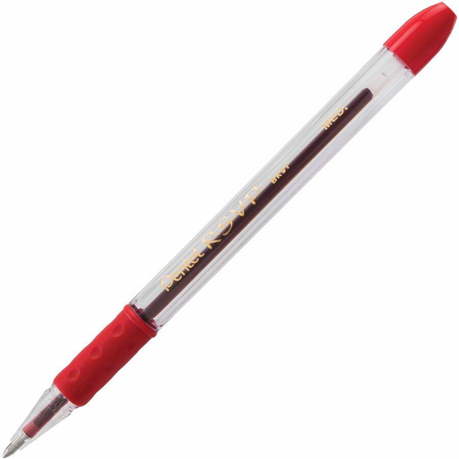 Pentel R.S.V.P. Ballpoint Stick Pens - Refillable - Red Ink - Clear Barrel - 12 / Dozen