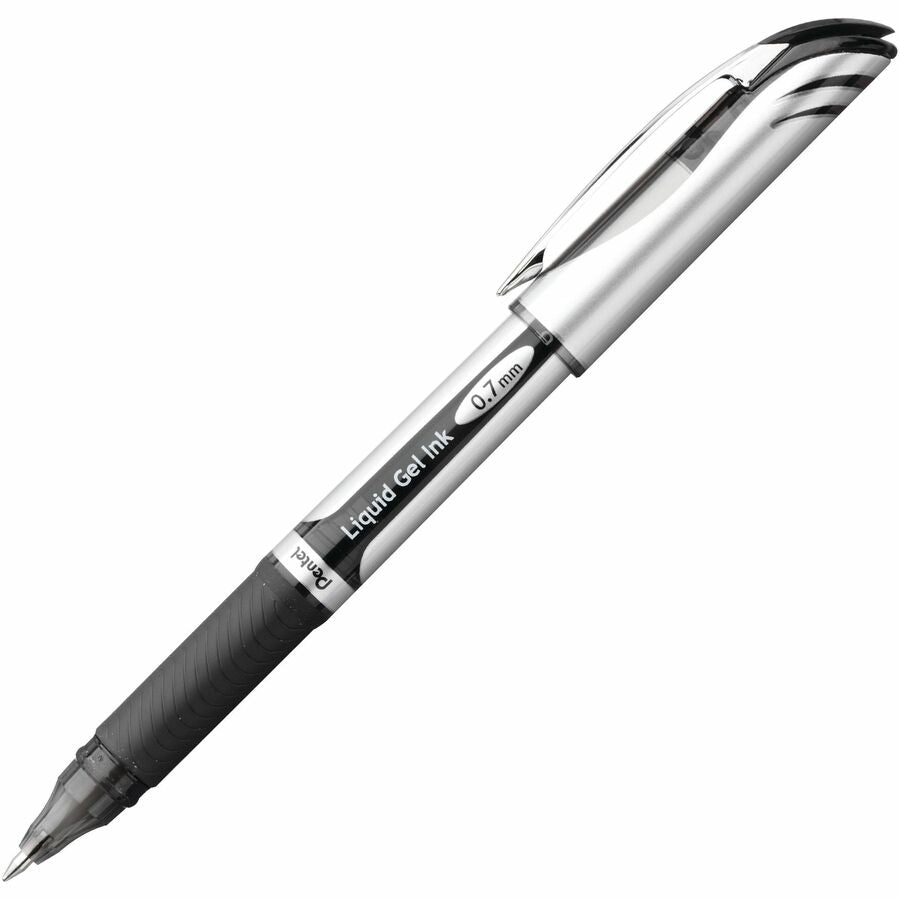 Pentel EnerGel Deluxe Rollerball Pen - Refillable - Black Ink - Gel-based - Silver Barrel - 12 / Box