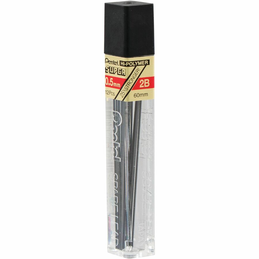Pentel Super Hi-Polymer Leads - 0.5 mm , Fine Point - 2B - Black Lead - 12 / Dozen