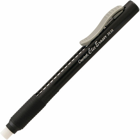 Pentel Rubber Grip Clic Eraser - Black - Black Barrel - Pen - Refillable - 1 Each - Retractable, Latex-free Grip, Ghost Resistant, Pocket Clip