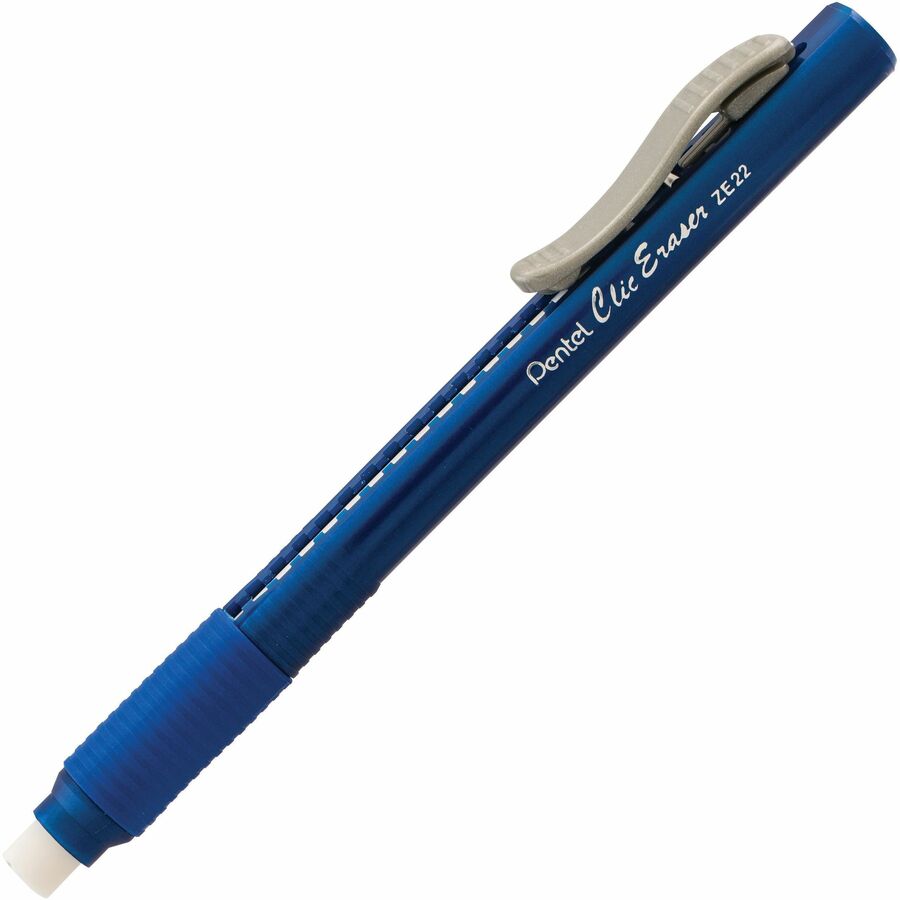 Pentel Rubber Grip Clic Eraser - Blue - Blue Barrel - Pen - Refillable - 1 Each - Retractable, Latex-free Grip, Ghost Resistant, Pocket Clip, Non-abrasive