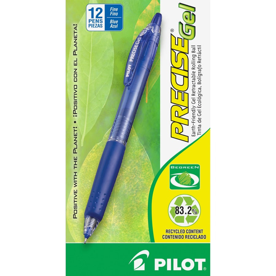 Pilot Precise Gel Fine Retractable BeGreen Pens - Refillable - Retractable - Blue Ink - Gel-based - Translucent Barrel - 12 / Dozen