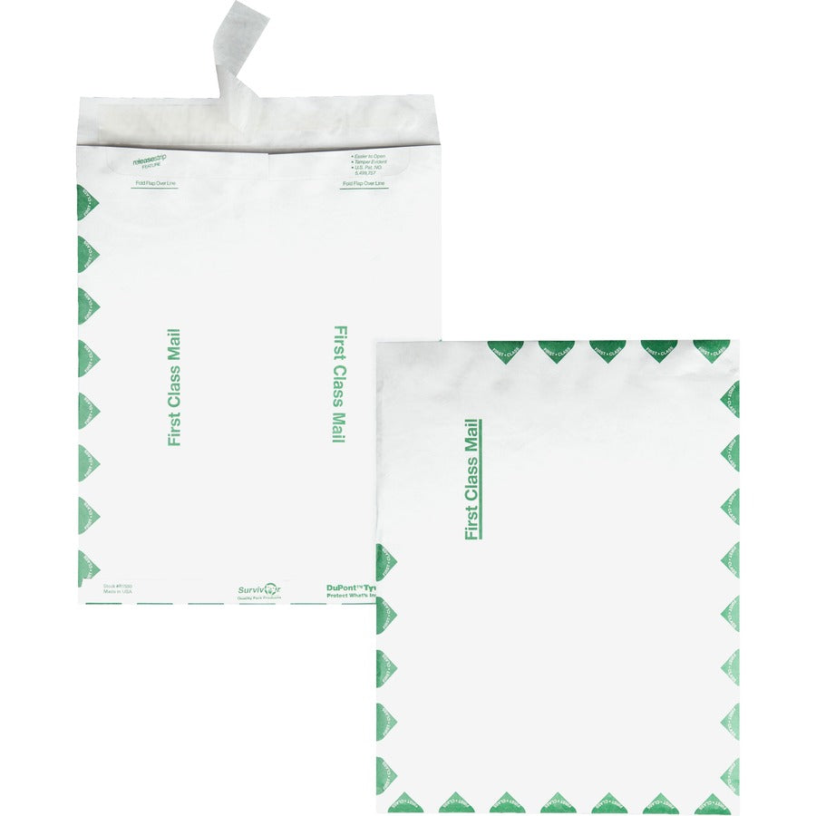 Survivor&reg, 6 x 9 DuPont Tyvek First Class Border Catalog Mailers with Self-Seal Closure - First Class Mail - #1 - 6" Width x 9" Length - 14 lb - Peel & Seal - White - Tyvek - 100 / Box