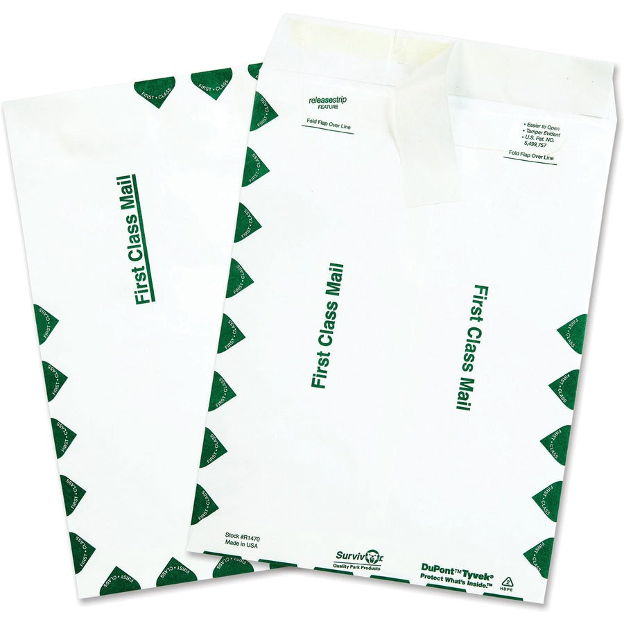 Survivor&reg, 9 x 12 DuPont Tyvek First Class Border Mailers with Self-Seal Closure - First Class Mail - #10 1/2 - 9" Width x 12" Length - 14 lb - Peel & Seal - White - Tyvek - 100 / Box