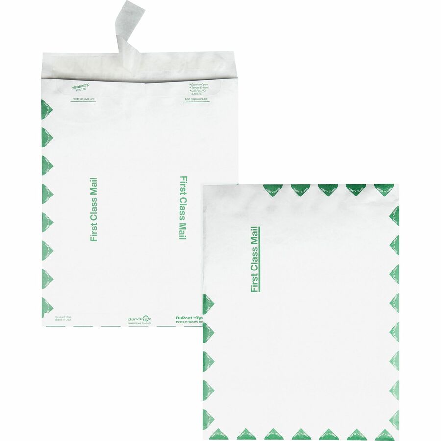 Survivor&reg, 10 x 13 DuPont Tyvek First Class Border Catalog Mailer with Self-Sealing Closure - First Class Mail - #13 1/2 - 10" Width x 13" Length - 14 lb - Peel & Seal - White - Tyvek - 100 / Box