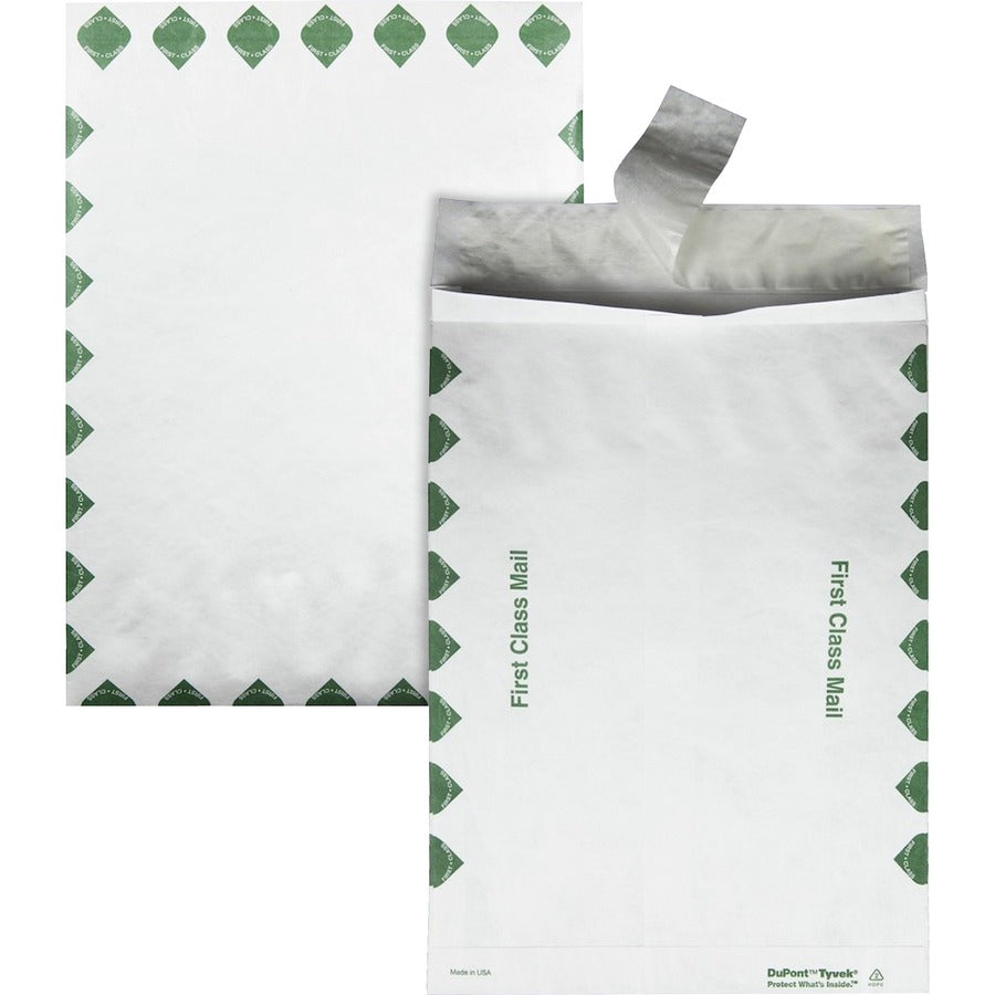 Survivor&reg, 10 x 13 x 1-1/2 DuPont Tyvek Expansion First Class Border Envelopes - First Class Mail - 10" Width x 13" Length - 1 1/2" Gusset - 14 lb - Peel & Seal - White - Tyvek - 100 / Carton