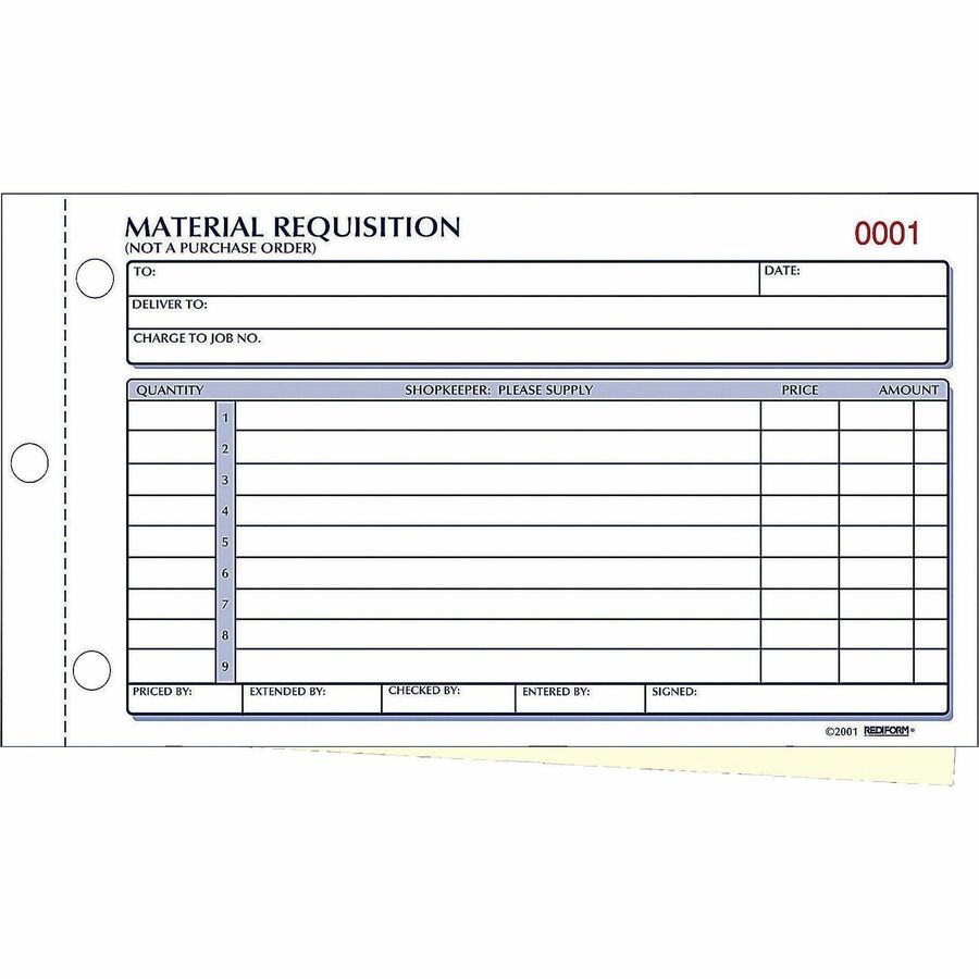 Rediform Material Requisition Purchasing Forms - 50 Sheet(s) - 2 Part - Carbonless Copy - 7.87" x 4.25" Sheet Size - White, Yellow - Black Print Color - 1 Each