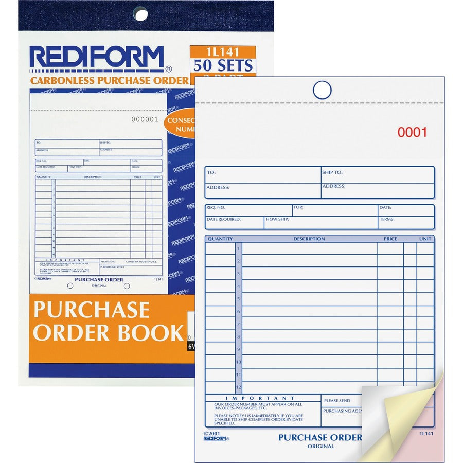 Rediform 3-Part Carbonless Purchase Order Book - 50 Sheet(s) - 3 Part - Carbonless Copy - 5.50" x 7.87" Sheet Size - White, Canary, Pink - Blue Print Color - 1 Each