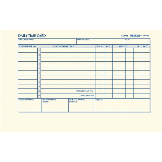 Rediform Daily Time Clock Cards - 100 Sheet(s) - Gummed - 1 Part - 4.25" x 7" Sheet Size - White - Manila Sheet(s) - 1 Pad