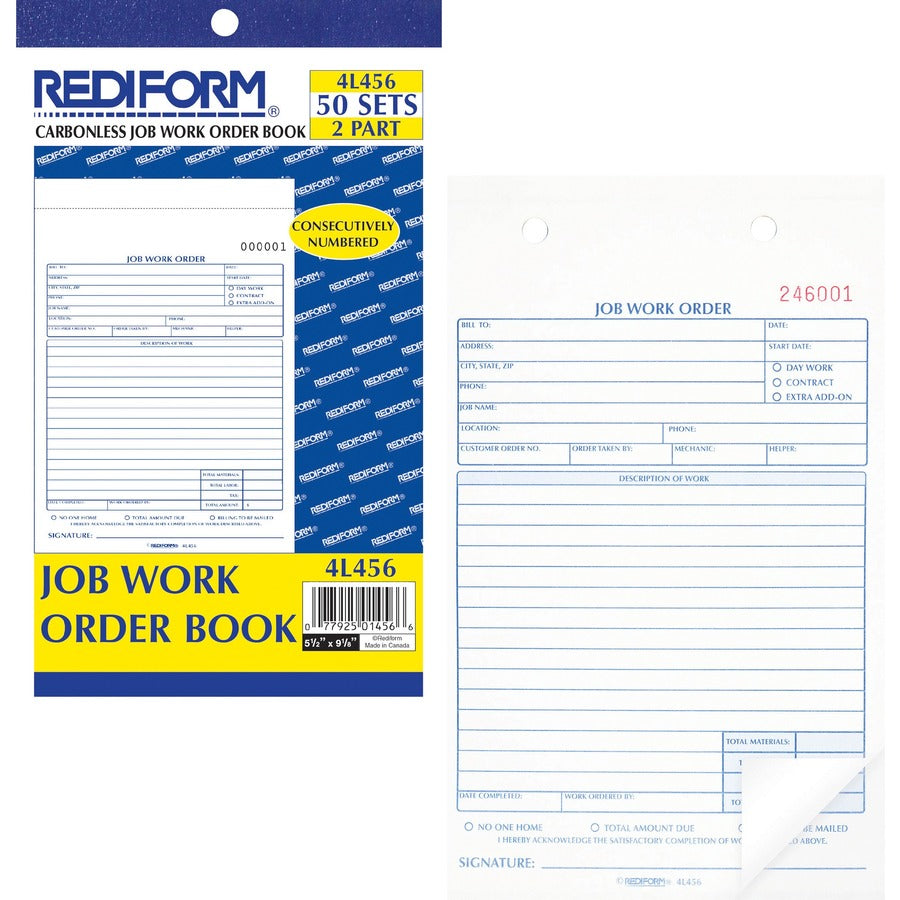 Rediform 2-part Job Work Order Book - 50 Sheet(s) - 2 Part - Carbonless Copy - 5.50" x 8.50" Sheet Size - Assorted Sheet(s) - Blue, Red Print Color - 1 Each