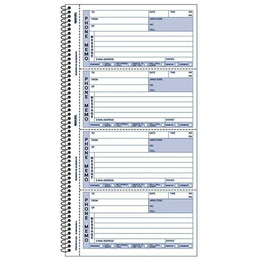 Rediform Memo Style Phone Message Book - 400 Sheet(s) - Spiral Bound - 2 Part - Carbonless Copy - 5.75" x 11" Sheet Size - White, Canary - Blue Print Color - 1 Each