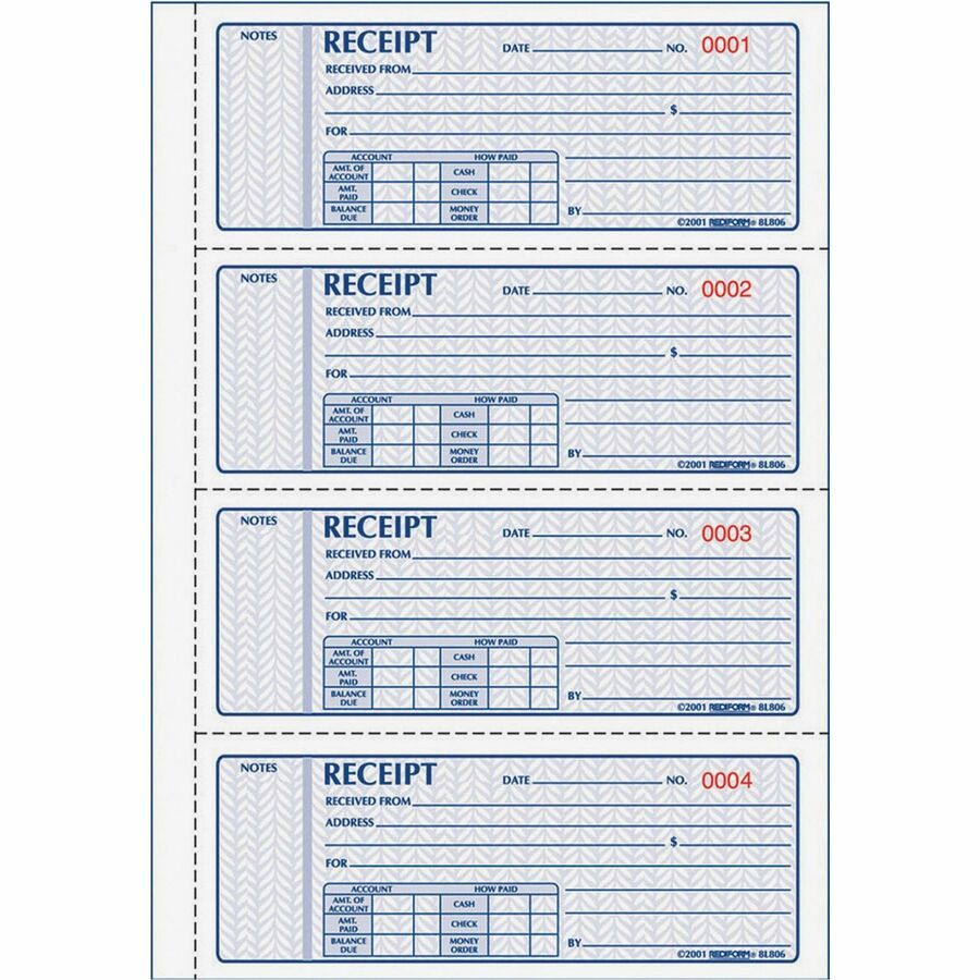 Rediform 3-part Carbonless Money Receipt Book - 100 Sheet(s) - Book Bound - 3 Part - Carbonless Copy - 7" x 2.75" Sheet Size - Assorted Sheet(s) - Red, Blue Print Color - 1 Each