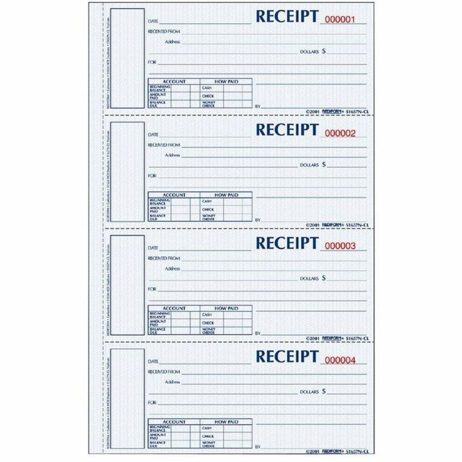 Rediform Hardbound Numbered Money Receipt Books - 200 Sheet(s) - 3 Part - Carbonless Copy - 2.75" x 6.87" Form Size - 8" x 11" Sheet Size - White, Canary, Pink - Red Print Color - 1 Each