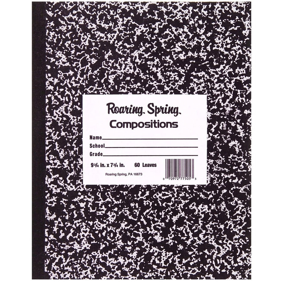 Roaring Spring Black Cover Flexcomp 10"x8" WM - 60 Sheets - 120 Pages - Printed - Sewn/Tapebound - Both Side Ruling Surface - Wide Ruled Front Ruling - Red Margin - 15 lb Basis Weight - 8" x 10" Sheet Size - 0.33" Height x 8" Width x 10.5" Length - Whi...